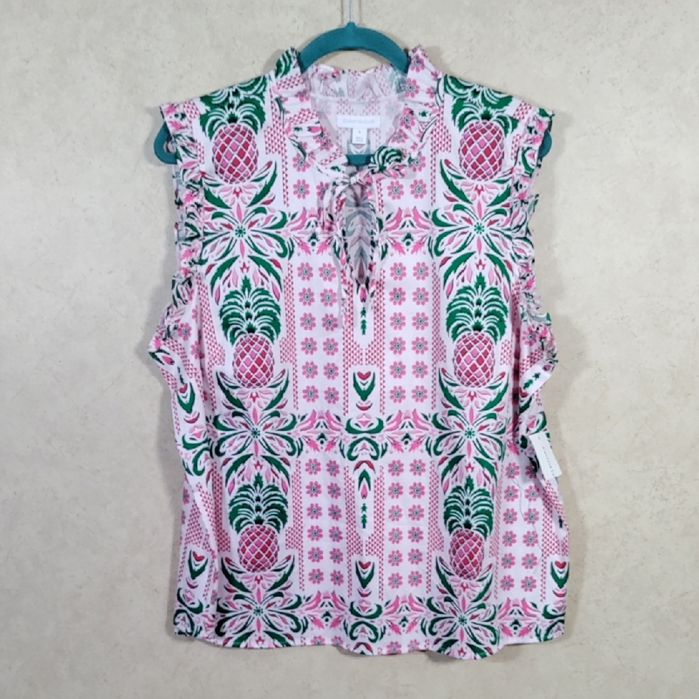 Charter Club Pink & Green Pineapple Print Sleeveless Blouse